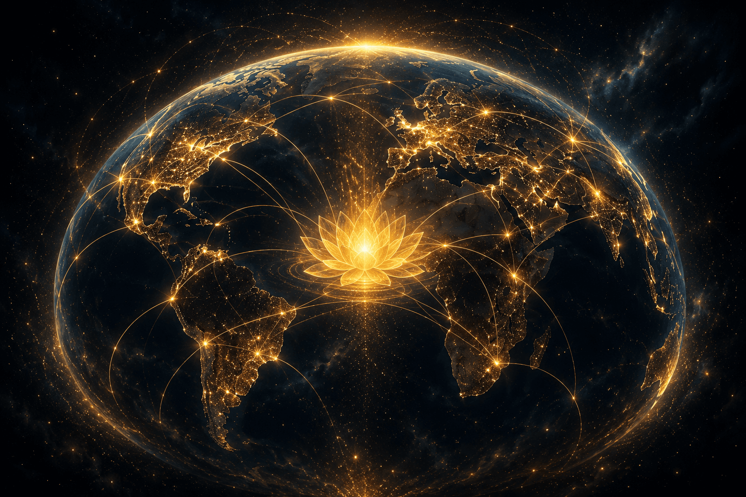 Golden Earth with interconnected light lines — compassion spreading across the world