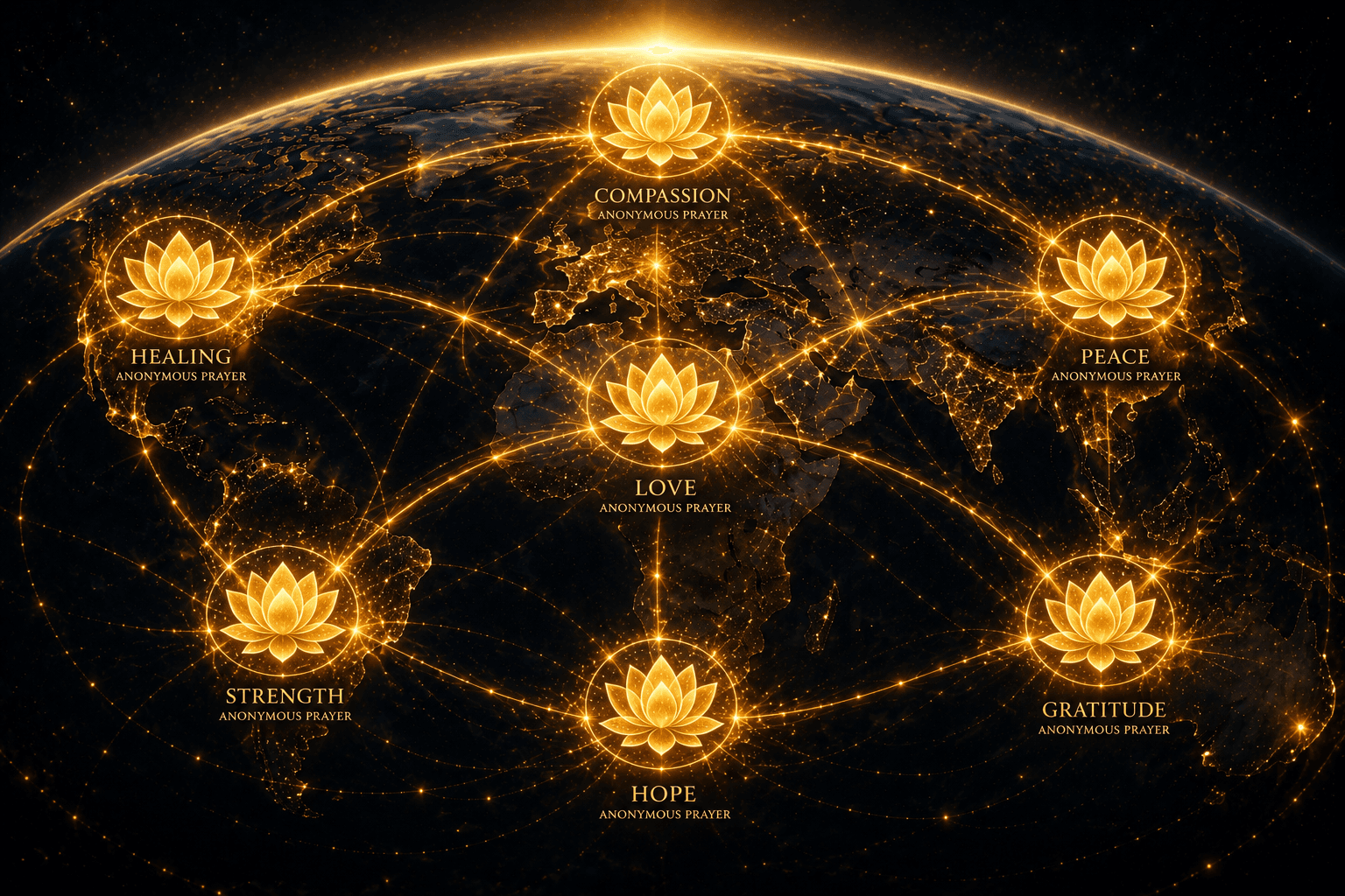 Seven virtues — Compassion, Healing, Peace, Love, Strength, Gratitude, Hope — connected through the Healing Circle