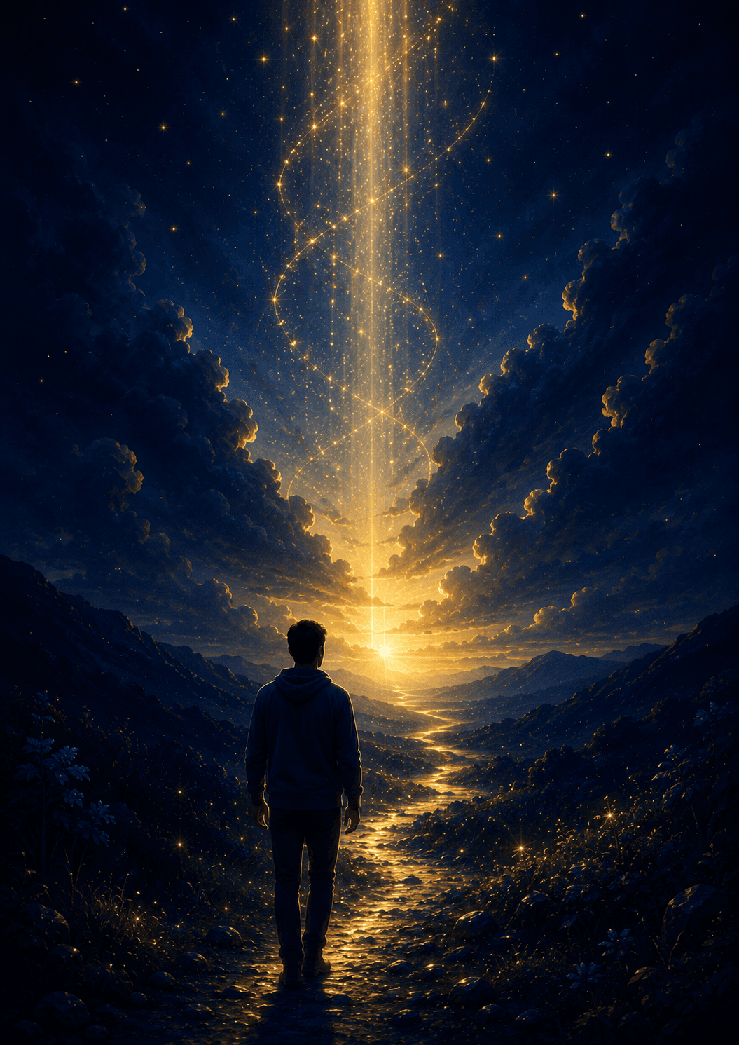 A solitary figure facing heavenly golden light in a starry mountain valley — begin your journey