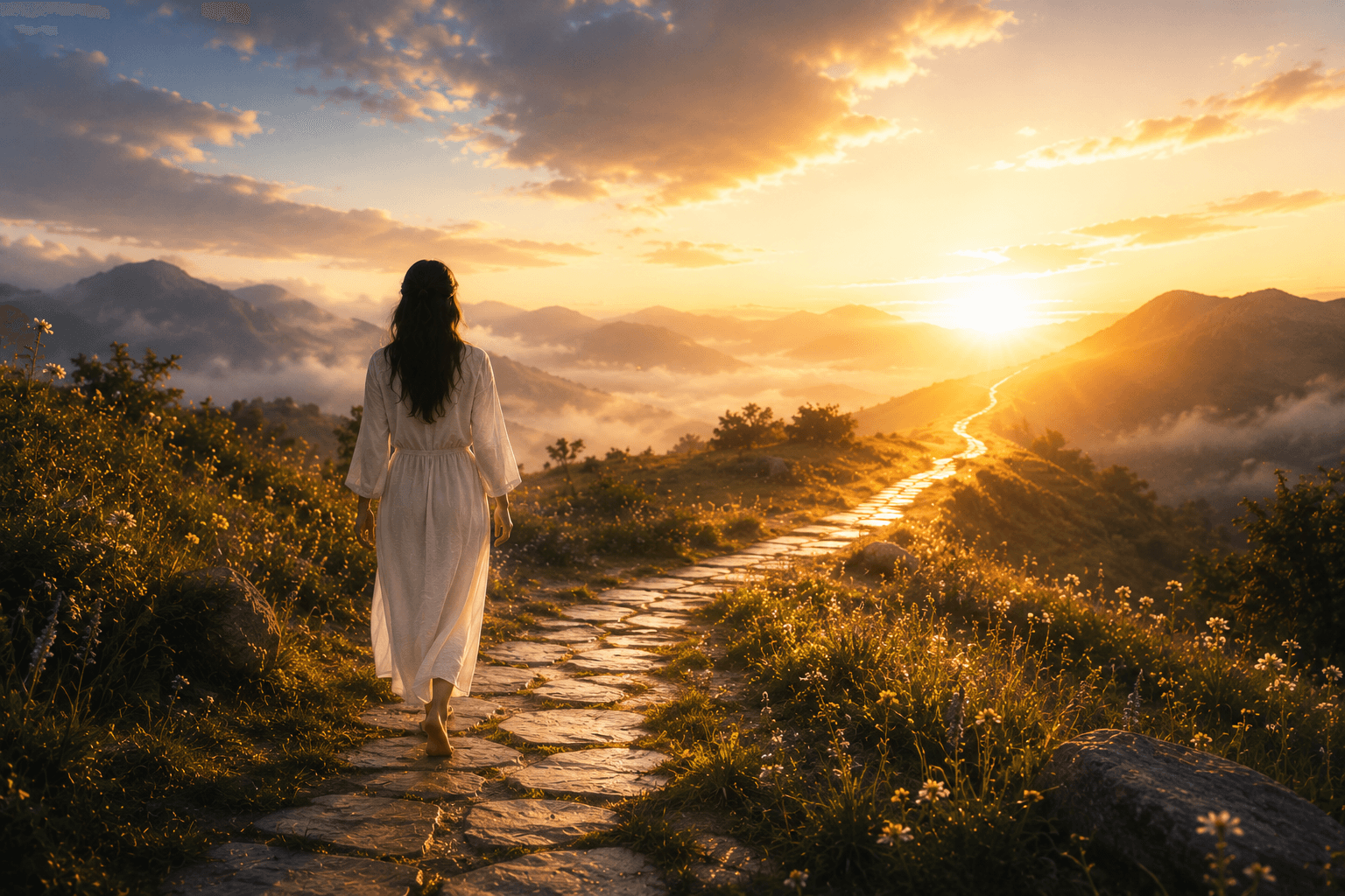 Person walking a peaceful path at sunrise